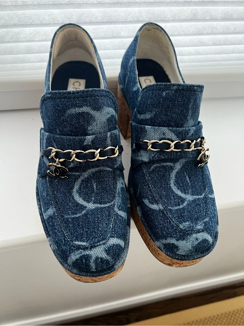 CHANEL Blue Denim Chain-Trim Loafers
